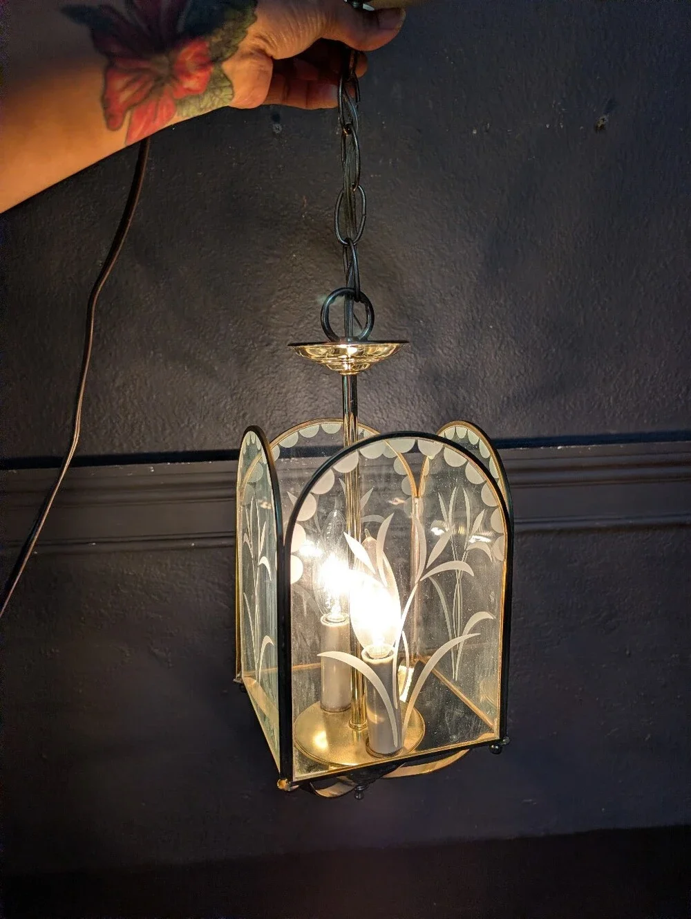 Vintage 1960s Polished Gold Metal Clear Etched Glass Chandelier Pendant Light La